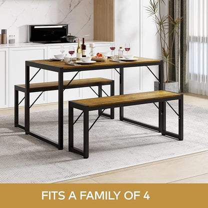 Gizoon 45.5" Dining Table Set for 4 with 2 Benches, Kitchen Table Set with Metal Frame & MDF Board, Space-Saving Dinette for Kitchen, Dining Room -Retro