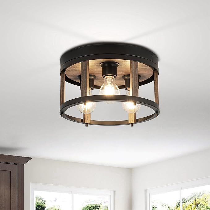 MAYNA 3-Light Retro Farmhouse Flush Mount Round Vintage Metal and Wood Ceiling Light Fixtures, Rustic Ceiling Lamp for Kitchen, Hallway, Entryway, Bedroom, Dining Room