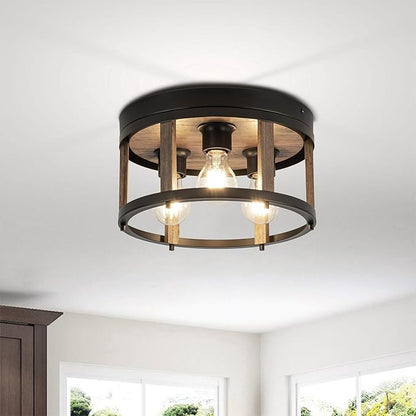 MAYNA 3-Light Retro Farmhouse Flush Mount Round Vintage Metal and Wood Ceiling Light Fixtures, Rustic Ceiling Lamp for Kitchen, Hallway, Entryway, Bedroom, Dining Room