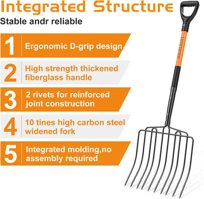 HIGHLIGHT Pitch Fork for Gardening,10 Tines Wide Pitch Fork with Fiberglass Handle, Heavy Duty Pitch Fork for Manure/Bedding/Haystack, 45 Inches