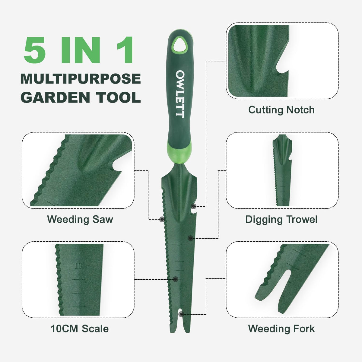 Hand Weed Puller Tool, 5-in-1 Multipurpose Garden Trowel with Soft Handle, Weeding Tool with Serrated Edges Measuring Scale for Easy Weeder Removal, Planting, Transplanting, Digging, Cutting