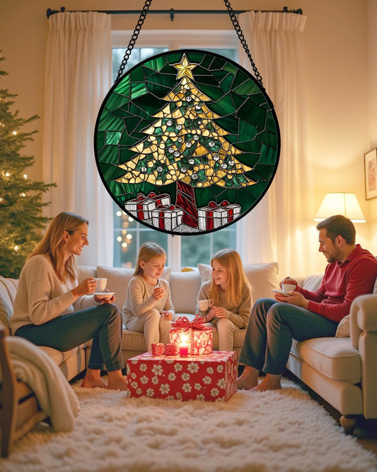 Stained Glass Window Hanging - Golden Christmas Tree Suncatcher for Doors Home Christmas Decoration Winter Sun Catcher Thanksgiving New Year Birthday Gifts for Women Men Mom Nana Girl 9.8 in