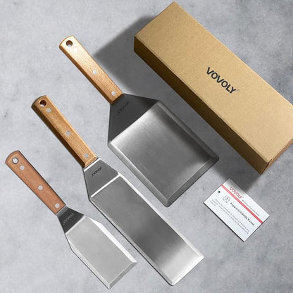Stainless Steel Spatula Set, Grill Spatula Set with Full Tang Handle & Beveled Edges, Long Wide Spatula for Cast Iron Griddle BBQ Flat Top Grill, Pancake Turner, Smash Burgers Metal Flipper