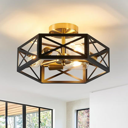 Modern Flush Mount Ceiling Light, 3-Light Black Gold Hallway Light Fixtures Ceiling Mount, Industrial Close to Ceiling Light with Metal Hexagon Cage Ceiling Lamp for Kitchen, Bedroom, Bathroom
