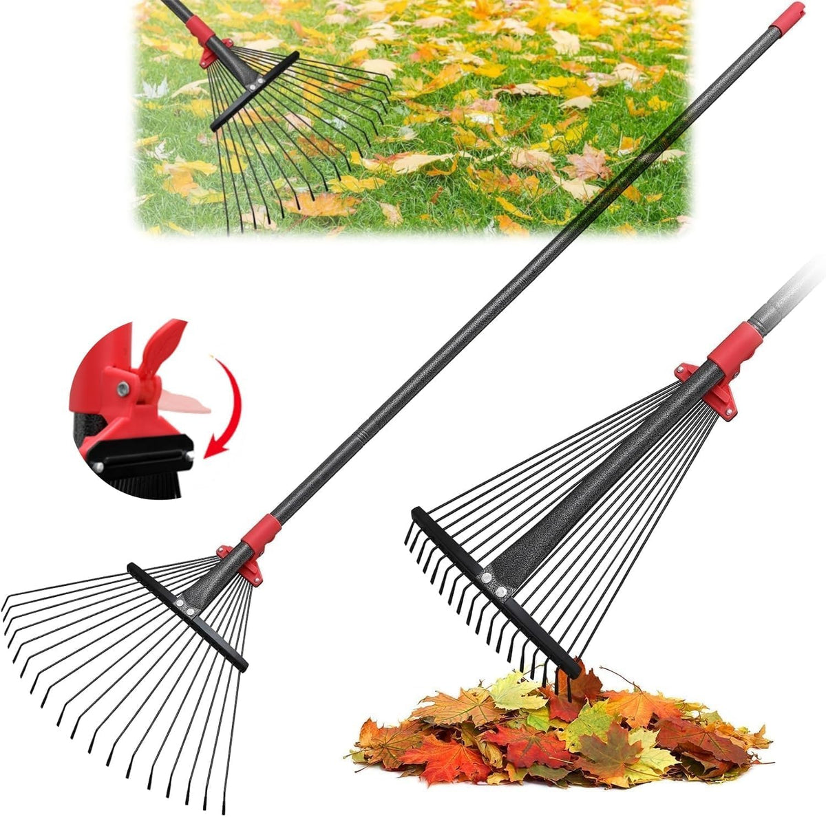 76 Inch Rake for Leaves, Adjustable 18 Metal Tines with Expandable Head Garden Rakes for Lawns Heavy Duty Metal Rake for Leaves Yard Gardening Grass Outdoor Debris