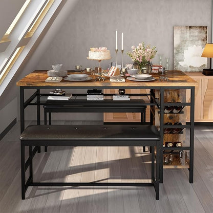 AWQM Space Saving Dining Table Set for 2-4 People, 53" Kitchen Table with 2 Upholstered Bench, Dinner Table with Wine Rack Glass Holder and Storage Shelf, 3-Piece Dinette Table for Small Apartment