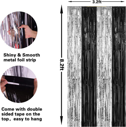 PIGETALE, 2 Pack 3.2 x 8.2 ft Black and Silver Foil Fringe Curtains Party Decorations, Sparkle Tinsel Curtain Photo Backdrop for Birthday Wedding Graduation Stream