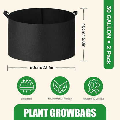 2-Pack 30 Gallon Fabric Grow Bags with Handle, Heavy Duty 300G Thickened Nonwoven with Handles and Reusable, Suitable for Garden Vegetables,Fruits and Flowers(Black)