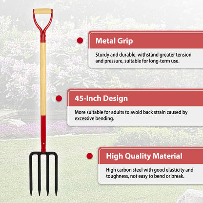Dikuyeel Heavy Duty Garden Fork for Digging, 4 Tines Pitch Fork for Gardening Compost, Garden Pitch Fork with Wooden Handle, 45 Inches