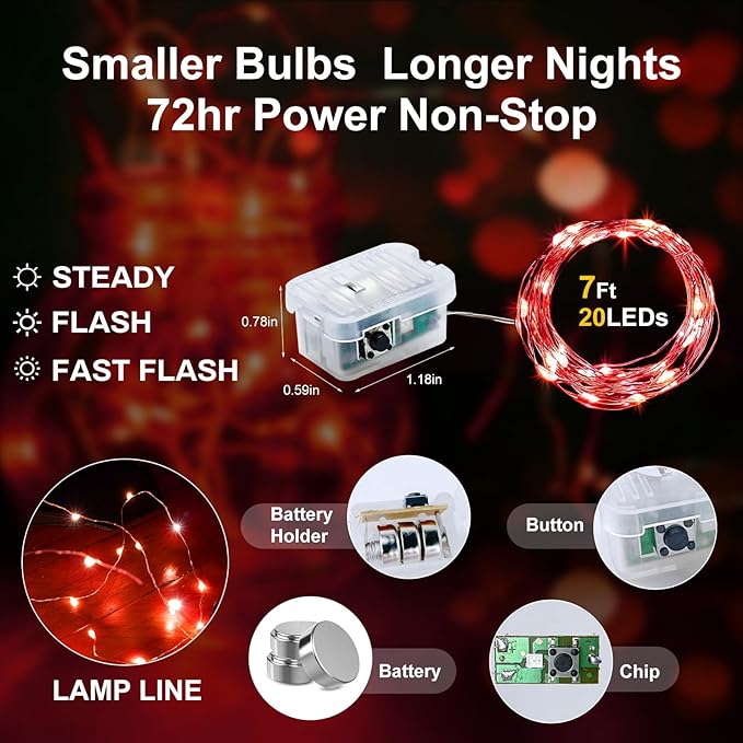 Aogist 12 Pack Fairy Lights 3 Modes 7ft 20 LED Waterproof,Battery Operated Silver Wire Firefly Starry Moon Mini String Lights for Mason Jars Christmas DIY Crafts Wedding Party Bedroom,Red