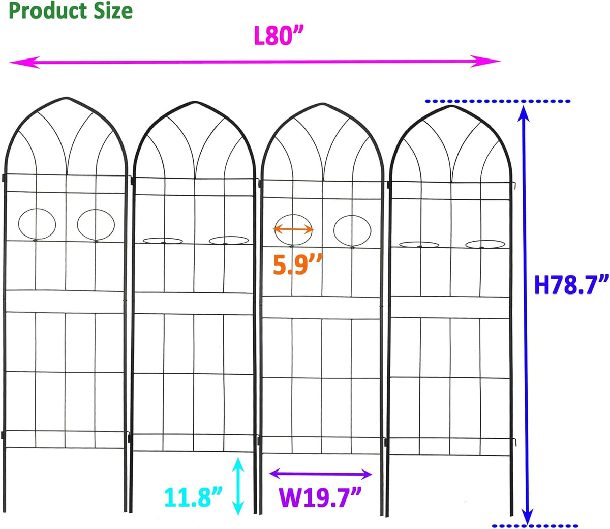 Metal Garden Trellis Rustproof Trellis for Climbing Plants Outdoor Flower Support (Black-4 Pack, 78.7"x19.7")