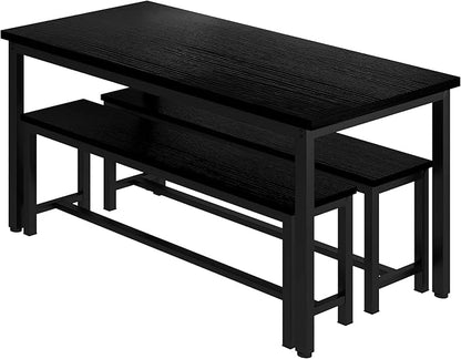 AWQM Dining Table Set with Two Benches, Kitchen Table Set for 4-6 Persons, Kitchen Table of 47.2 x 28.7 x 28.7 Inches, Bench of 41.3 x 11.8 x 17.7 Inches Each, Black