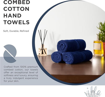 100% Cotton Hand Towel Set of 4, (16 x 28 inches) Sustainable, Soft, Highly Absorbent, Quick Drying, Combed Cotton Hand Towels Pack of 4 Ideal for Hotels, Spa, Bathroom, Dorm, Navy Blue