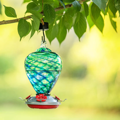 Hummingbird Feeders, 34OZ Hand Blown Glass Hummingbird Feeder for Outdoors Hanging with Ant MoatHooks, Perfect for Gardening Yard Patio Decor Gifts (Blue Mermaid)