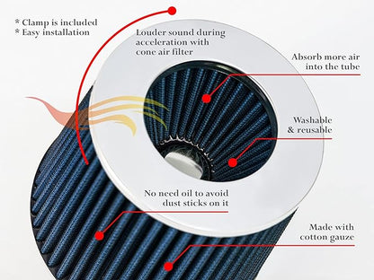 BLUE 3.5" 89 mm Inlet Truck Air Cone Replacement Performance Washable Clamp-On Dry Air Filter (8" Tall)