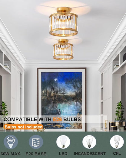 Black Flush Mount Ceiling Light, 2- Light Caged Crystal Chandelier, Small Drum Hallway Light fixtures Ceiling Mount (8.6 INCH Brass Gold（1-Light）)