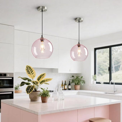 Pink Glass Pendant Lights Kitchen Island Globe Pendant Light Fixtures Modern Pendant Lighting for Bedroom Living Dining Room Light Fixture (9.84 in, 3 Pack)
