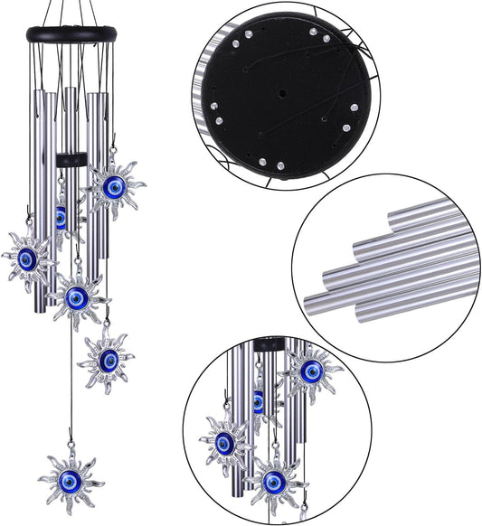 Blue Evil Eye Sun Wind Chimes Outdoor Decor, Mobile Sun Evil Eye Windcatcher, Evil Eye Sun Wind Bells, Sun Blue Evil Eye Amulet Wind Chimes for Home, Gift for Mom, Balcony, Patio, Garden Decoration