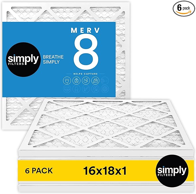 Simply 16x18x1 Air Filter, Merv 8, 6 Pack, For Home AC Furnace & HVAC (Actual Size: 15.75"x17.75"x0.75") DUST, Pet, & Allergy Control