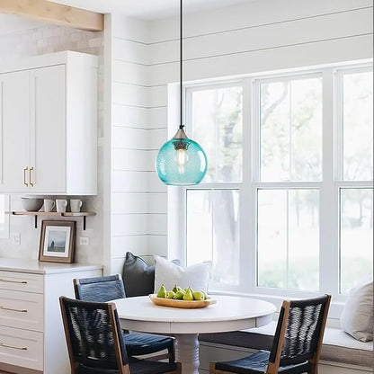 Light Blue Glass Pendant Lights Kitchen Island Globe Pendant Light Fixtures Modern Pendant Lighting for Bedroom Living Dining Room Light Fixture (5.9 in, 1 Pack)