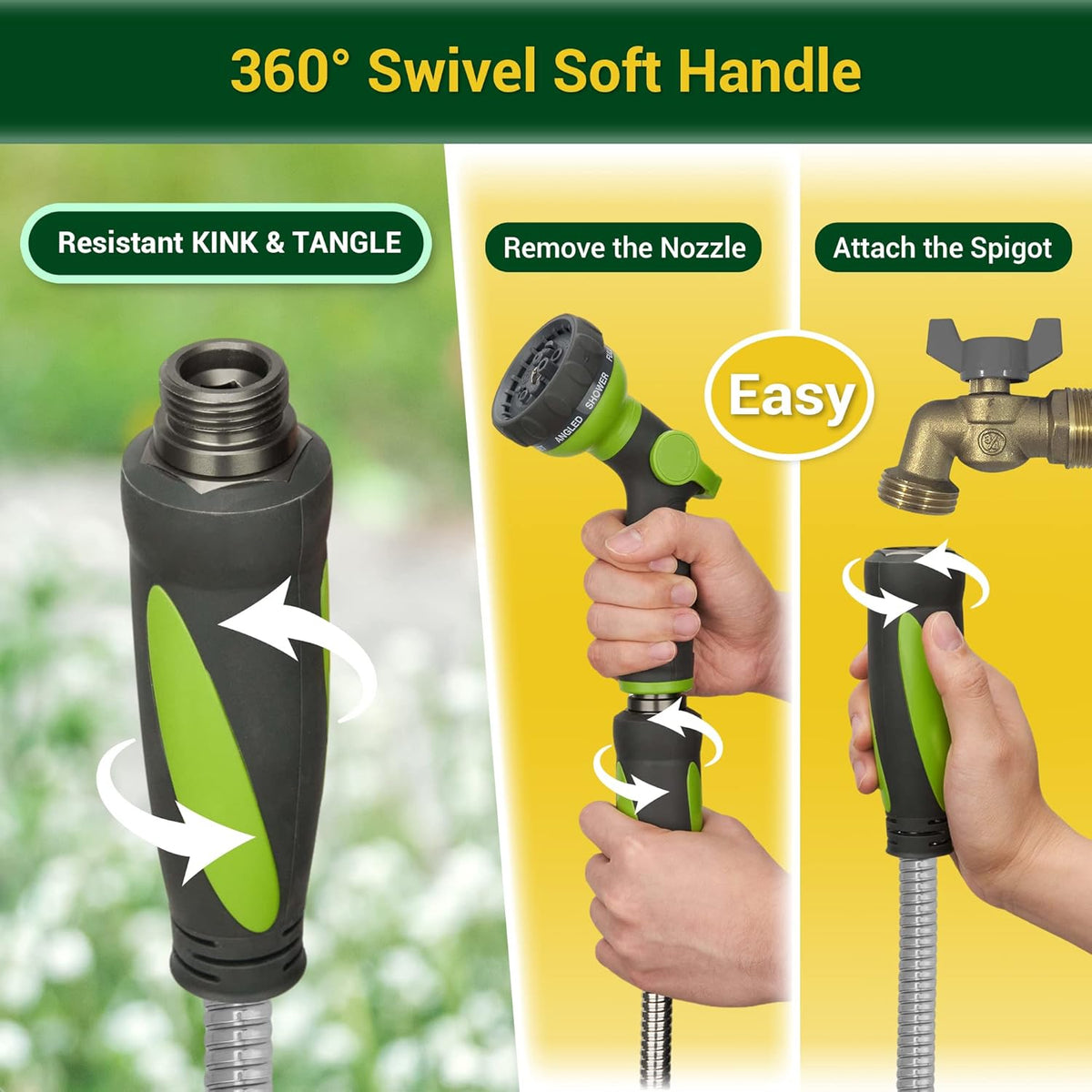Garden Hose - Water Hose 50 FT with Swivel Handle & 8 Function Nozzle, Flexible, Heavy Duty, No Kink, Lightweight Metal Hose for Outdoor, Yard, 304 Stainless Steel