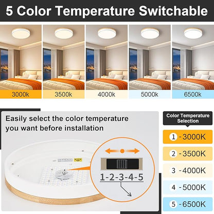 Dimmable Wood LED Ceiling Light Fixture, White Round Low Profile Flush Mount Ceiling Lighting, Modern 5CCT 2700K-6000K Ceiling Lamp for Living Room Hallway Kitchen Bedroom, 15.8in, YY20240516D