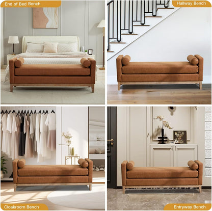 End of Bed Bench for Bedroom, 66.34'' Long King Size Vegan Leather Bench with Arms Upholstered Shoe Bench for Entryway, Hallway, Cloakroom, Window Bench (Brown PU).