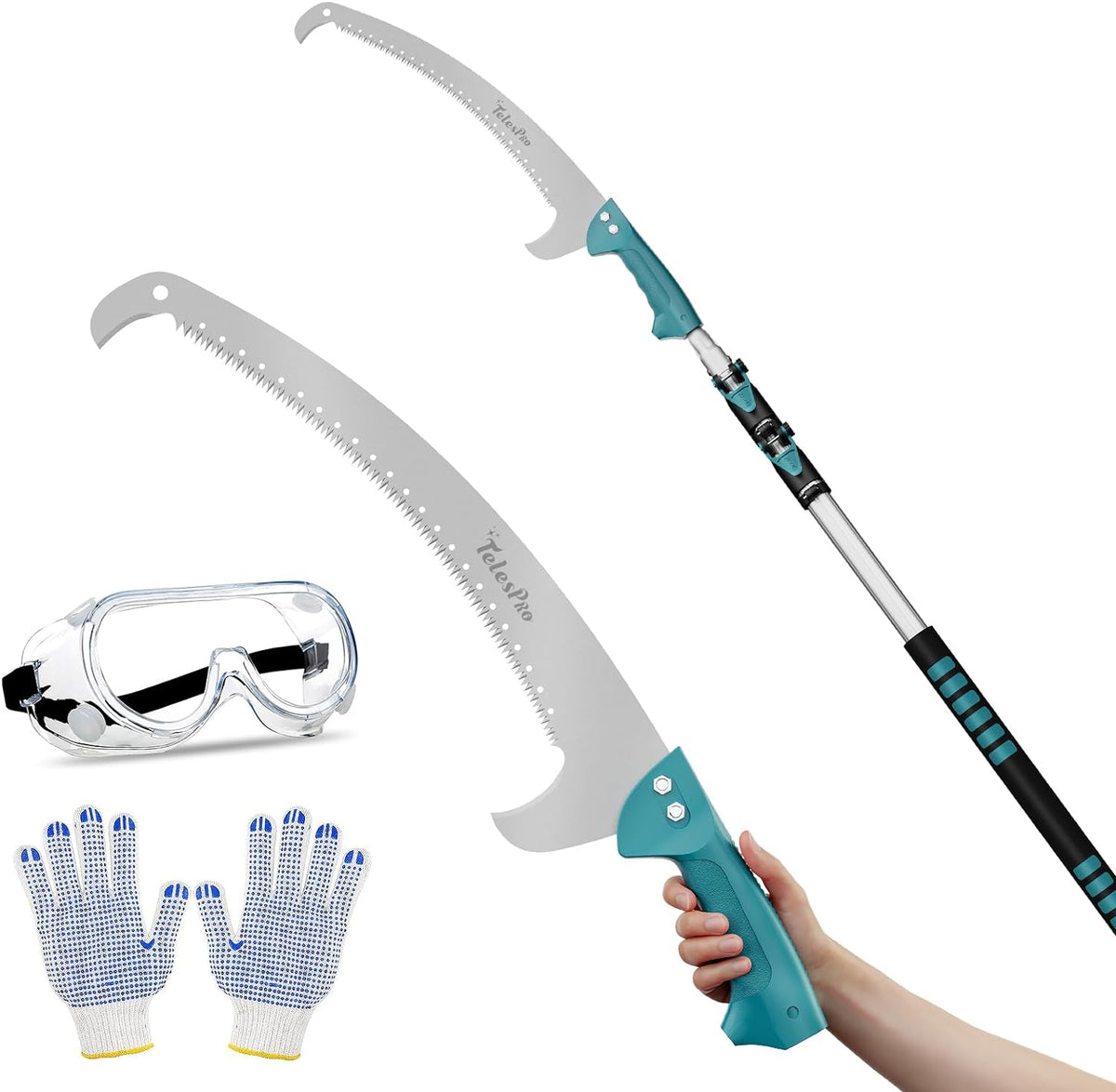 Extendable Tree Trimmer: Manual Pole Saw | 5-12ft Telescoping Pruning Pole for Tree Trimming | Saw Attachment, Safety Goggles, and Gloves Included | Trim Branches up to 2" Diameter