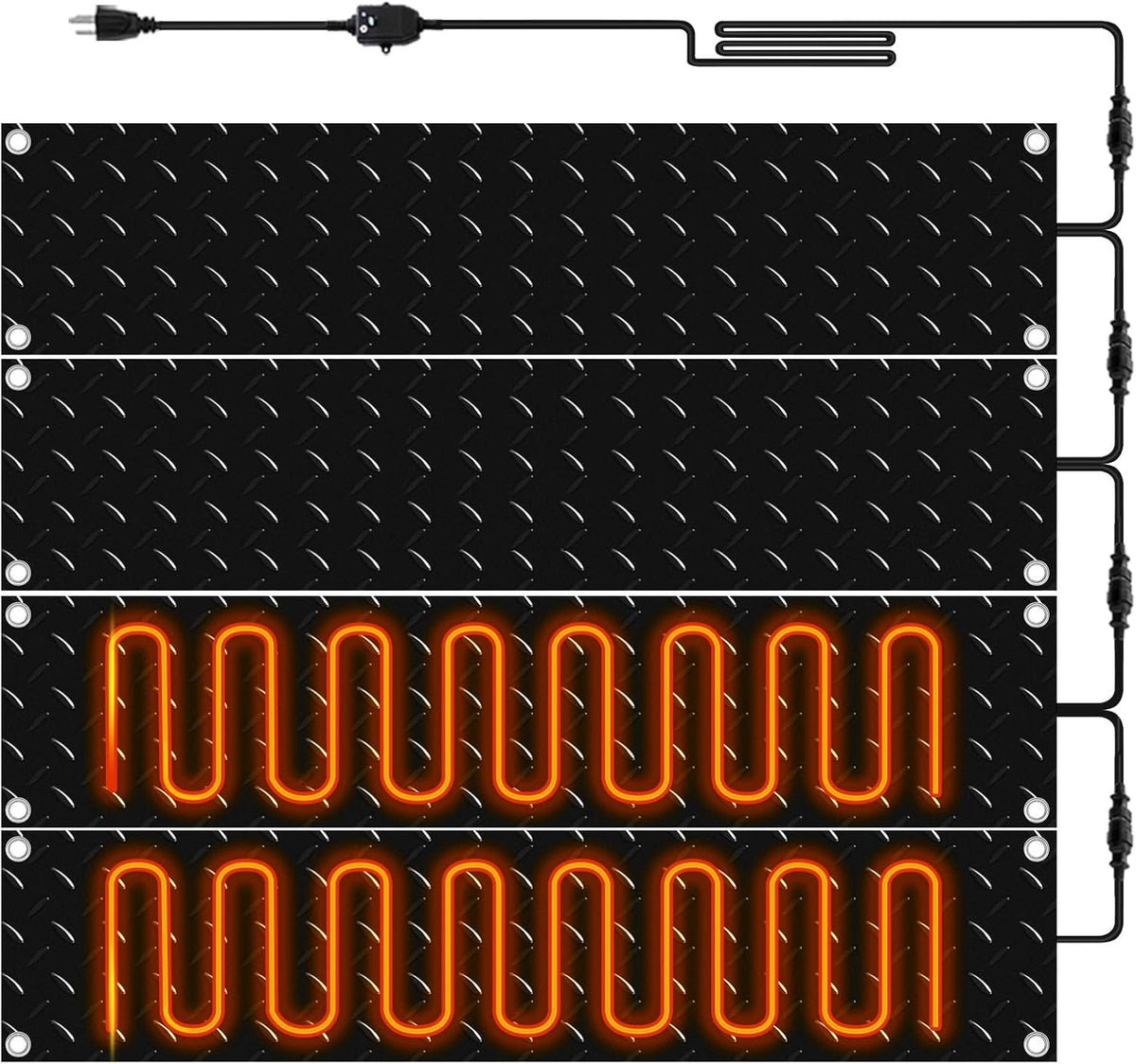 Riakrum 4 Pcs Heated Snow Melting Mats Outdoor, 10 x 30 in Winter Anti-Slip Heated Rubber Mat for Walkways Decks and Sidewalks, Snow and Ice Melting Pads Connection with 9.84 ft Power Cord