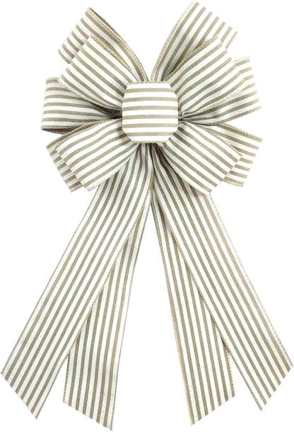 Natural Burlap Wreath Bow 20 x 11 Inches Easter Bows Light Khaki Stripes Ribbon Bow Carnival Farmhouse Bow Tree Ornament for Home Front Door Decorations
