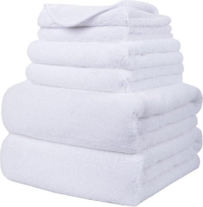 POLYTE Oversize, 60 x 30 in., Quick Dry Lint Free Microfiber Bath Towel Set, 6 Piece (White)
