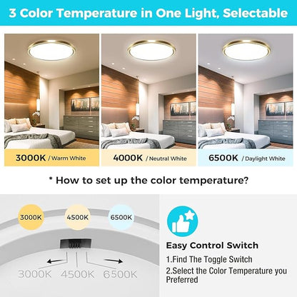 zemty 6Pack LED Ceiling Light Fixture, 6.5-Inch 12W 1200lm Small Flush Mount Light, Adjustable 3000K 4000K 6500K Color Temperatures, Round Flat Recessed Lamp for Kitchen Closet Hallway Laundry, Gold
