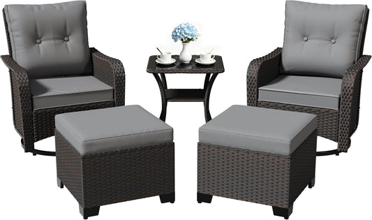 Gotland Outdoor Swivel Chairs Set of 2, 5 Pieces Patio Furniture Set with Ottomans Rattan Coffee Table Thick Cushion, Outdoor Swivel Rocker Wicker Patio Bistro Set for Balcony Porch, Grey