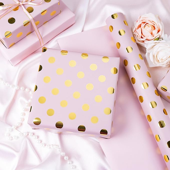 Burymento Pink and Gold Dots Wrapping Paper, Reversible Pink Gift Wrap for Birthday, Valentines, Mothers day, Graduation, Wedding, Fathers day, Baby Shower, Christmas (17in x 32.8ft)