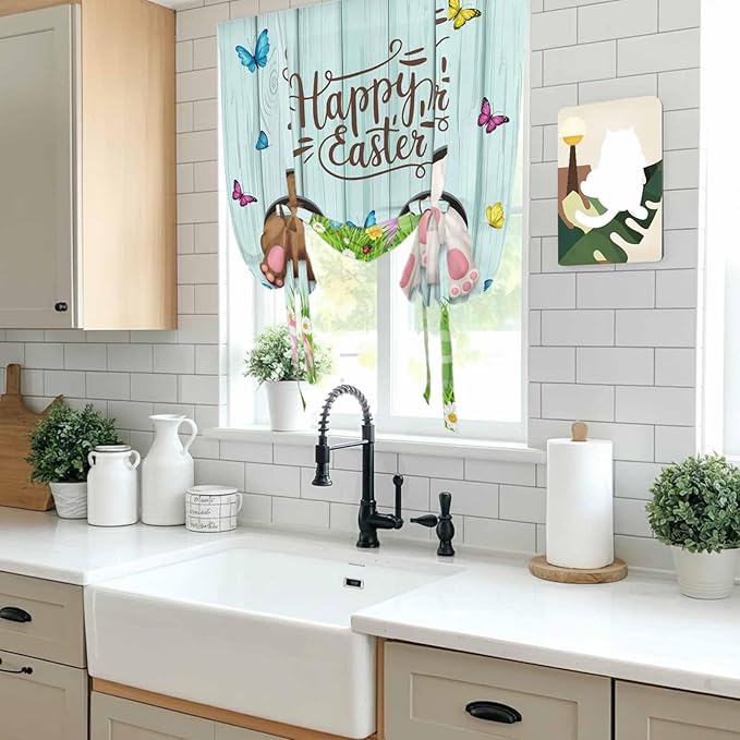 Tie Up Curtains,Happy Easter Bunny Butt Egg Floral Adjustable Rod Pocket Window Shade Curtain Drape Spring Plant on Aqua Wood Tie-Up Valance for Kitchen Bedroom Living Room Windows,52"x45"