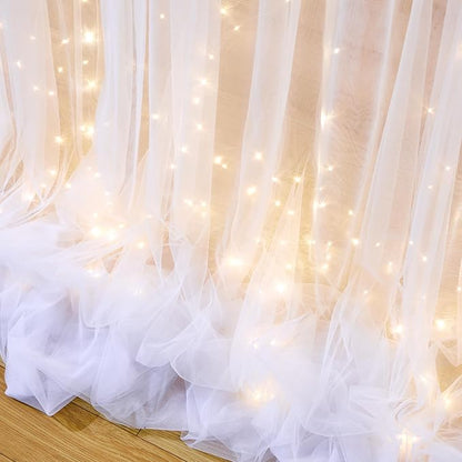 10ft x 10ft White Tulle Backdrop Curtain with Lights String for Parties Wedding Bridal Shower Sheer White Curtain Backdrop for Birthday Baby Shower Photo Booth Background Decorations