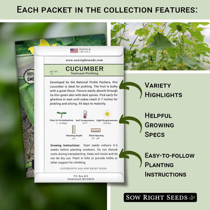 Sow Right Seeds - Classic Vegetable Garden Seed Collection for Planting - Non-GMO Heirloom Broccoli, Cabbage, Carrot, Cucumber, Kale, Lettuce, Tomato, Peppers, Zucchini, and More