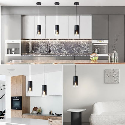 3-Pack Black Pendant Light Fixtures, Adjustable Modern Pendant Lights for Kitchen Island, Industrial Glass Pendant Lights for Dining Table Hallway Bedroom Living Room