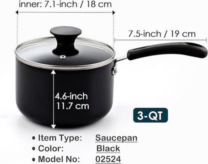 Cook N Home Nonstick Sauce Pan with Glass Lid 3-Qt, Multi-purpose Pot Saucepan Kitchenware, Black, Aluminum