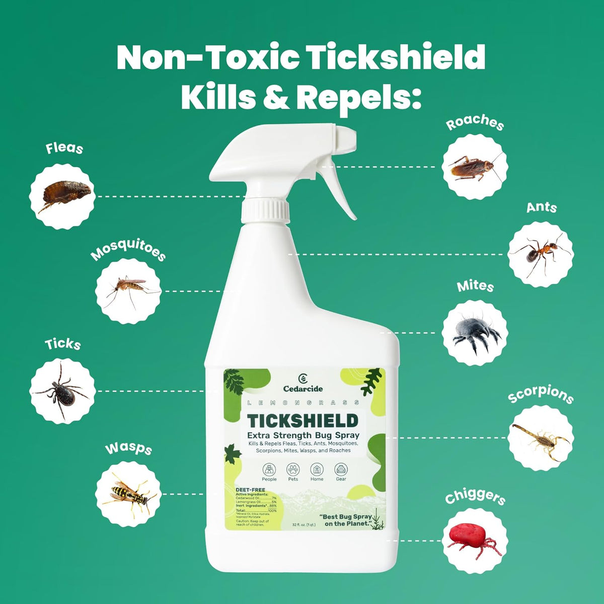 Cedarcide Extra- Strength Tickshield | Deep Woods Cedar Oil Tick & Mosquito Repellent Spray Kills & Repels Ticks, Fleas, Chiggers and Mosquitoes| For People & Pets | Natural Essential Oils | Quart