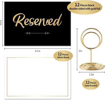 12 Pack- Gold Foil Reserved Signs for Wedding and Restaurant Tables with Stand and White Card - Elegant Seating Signs (Black)