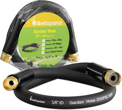 Short Garden Hose 3 ft x 5/8 in Male to Female Heavy Duty Small Water Hose Extend Connector, Lightweight Rubber Hybrid Leader Hose, Leak-Free Connections, BT3B, Black