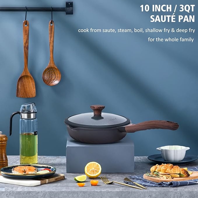 Vinchef Nonstick Deep Frying Pan Saute Pan with Lid, 10in/3Qt Skillet Pan, German 3C+ Ceramic Coating Technology, Aluminum Casting, Induction Compatible