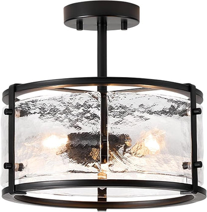 Semi Flush Mount Ceiling Light Fixturs - Black Ceiling Lights - 14inch Ceiling Light Fixtures with Glass - E12 3-Light Hallway Lighting Fixtures C2118-BK