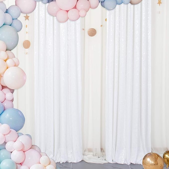 ShinyBeauty Sequin Curtains 2 Panels White 2FTx8FT Sequin Photo Backdrop White Sequin Backdrop Curtain Pack of 2-1011E