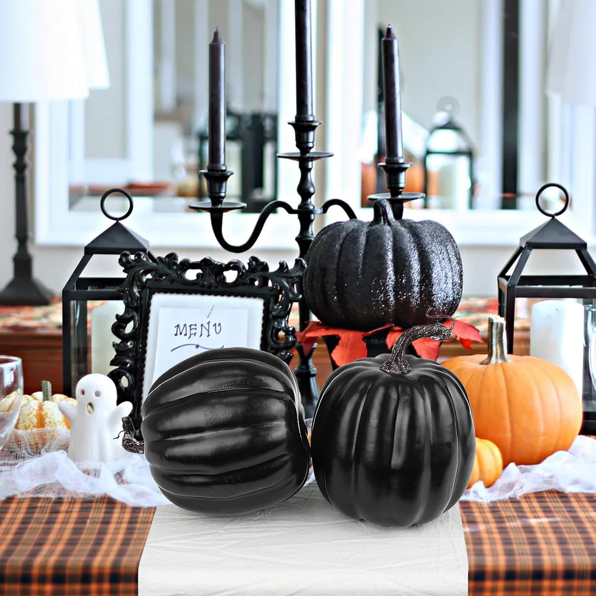 Artmag 6 Inch Large Artificial Pumpkins, 4PCS Big Black Faux Foam Harvest Pumpkins for Fall Autumn Thanksgiving Seasonal Holiday Decor