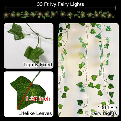 suddus Vine with Fairy Lights Battery Operated, 33ft 100 LED Ivy String Lights with Remote, Leaf Lights for Bedroom, Room, Wall, Garden, Party, Wedding Dorm Decor (Warm White)