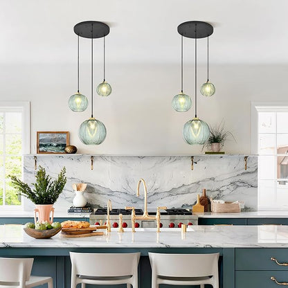 KCO Lighting Vintage Green Glass Chandelier 3 Light Pendant Light Fixtures Farmhouse Striped Glass Pendant Light Gold and Black Hanging Lights Multi Light Cluster Pendant Lighting