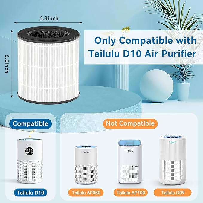 Tailulu 2 Pack D10 Replacement Filter, Air Purifier Filter for Tailulu D10 Air Purifier, 3-in-1 H13 Grade True Replacement Filte with Extra 6 Pieces Aroma Pads