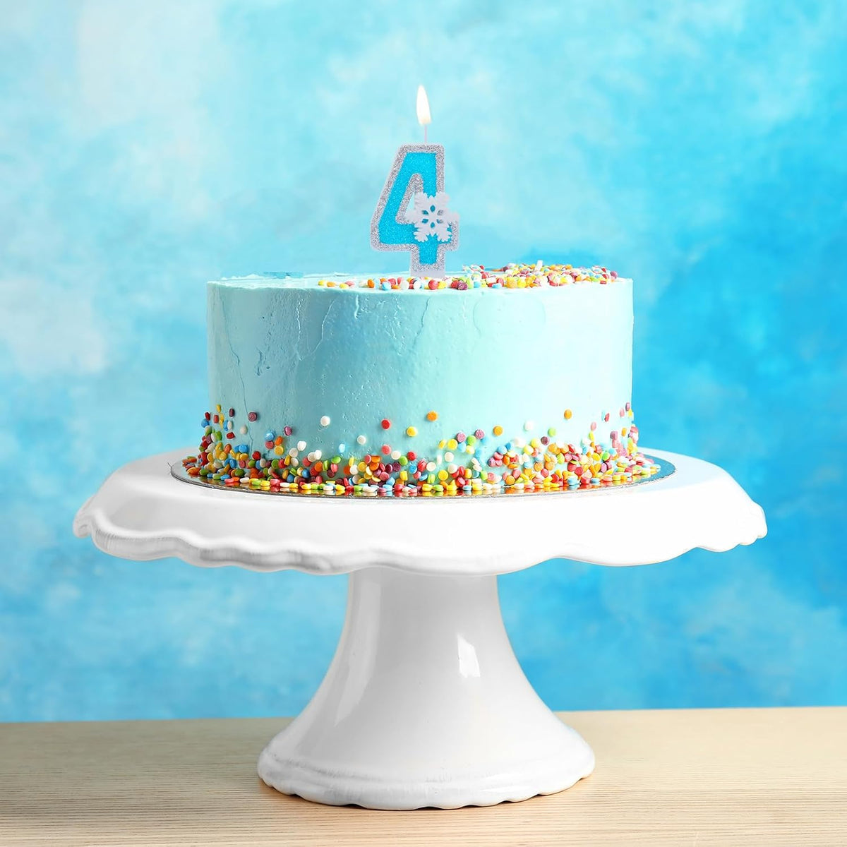 Blue Frozen Birthday Party Decorations, White Snowflake Number Candles 0-9, Kids Adults Birthday Anniversary Wedding Party Supplies, 2.87 inch Number 4 Cake Topper Decoration (Blue, Number 4)